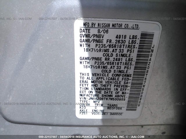 JN8AZ08T67W500989 - 2007 NISSAN MURANO SL/SE/S SILVER photo 9