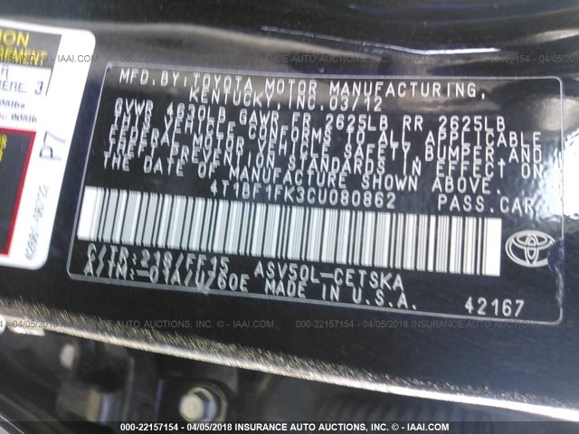 4T1BF1FK3CU080862 - 2012 TOYOTA CAMRY SE/LE/XLE BLACK photo 9