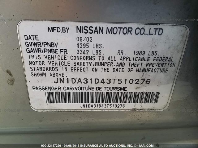 JN1DA31D43T510276 - 2003 NISSAN MAXIMA GLE/GXE/SE SILVER photo 9