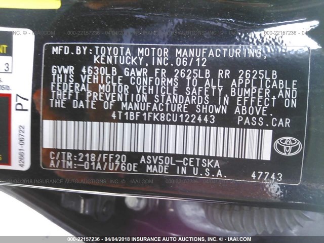 4T1BF1FK8CU122443 - 2012 TOYOTA CAMRY SE/LE/XLE BLACK photo 9