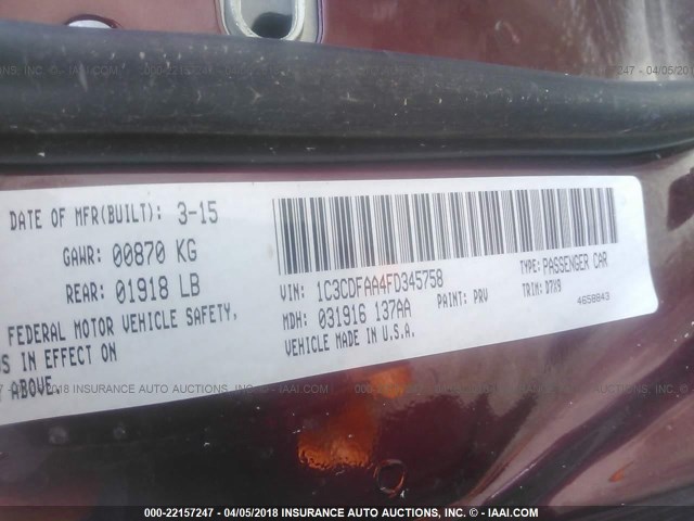 1C3CDFAA4FD345758 - 2015 DODGE DART SE MAROON photo 9