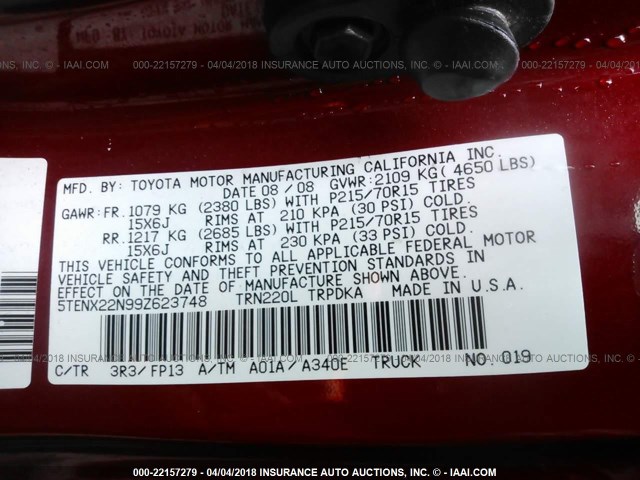 5TENX22N99Z623748 - 2009 TOYOTA TACOMA RED photo 9