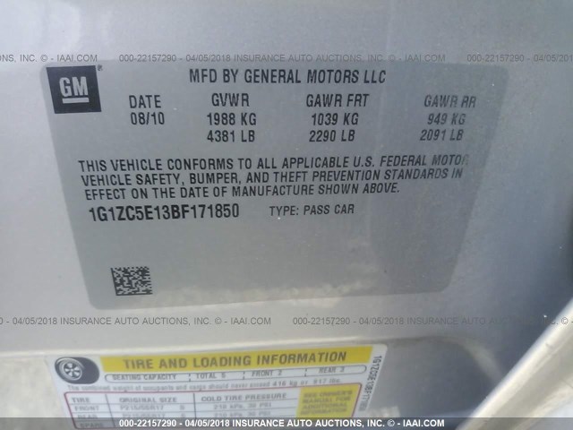 1G1ZC5E13BF171850 - 2011 CHEVROLET MALIBU 1LT 银色 照片 9