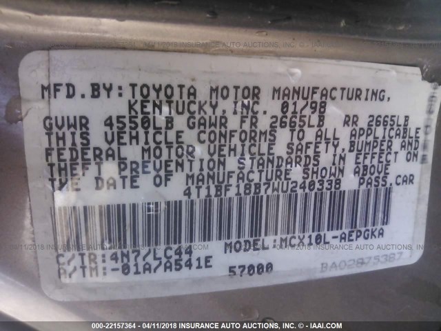 4T1BF18B7WU240338 - 1998 TOYOTA AVALON XL/XLS TAN photo 9