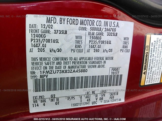 1FMZU73K83ZA45880 - 2003 FORD EXPLORER XLT/XLT SPORT/NBX MAROON photo 9