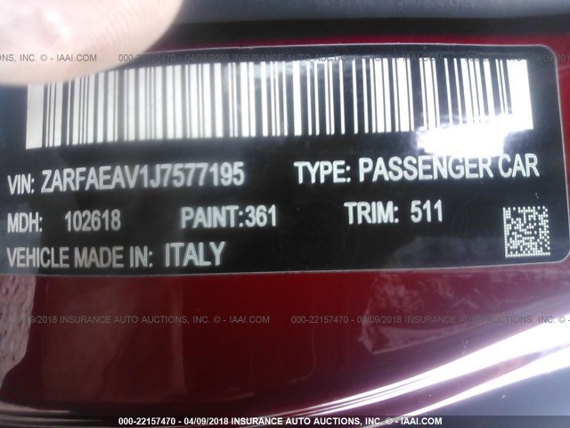 ZARFAEAV1J7577195 - 2018 ALFA ROMEO GIULIA QUADRIFOGLIO RED photo 9