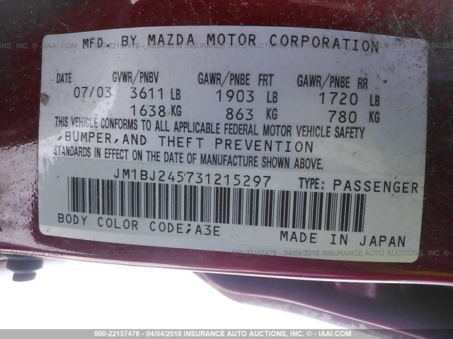 JM1BJ245731215297 - 2003 MAZDA PROTEGE PR5 红色 照片 9