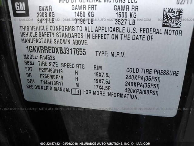 1GKKRREDXBJ317655 - 2011 GMC ACADIA SLT-1 Czarny zdjęcie 9