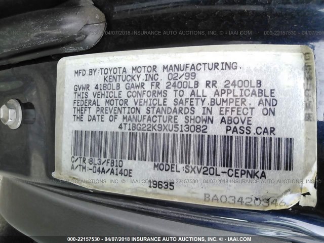 4T1BG22K9XU513082 - 1999 TOYOTA CAMRY CE/LE/XLE 深蓝色 照片 9