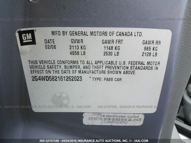2G4WD582161262023 - 2006 BUICK LACROSSE CXL GRAY photo 9