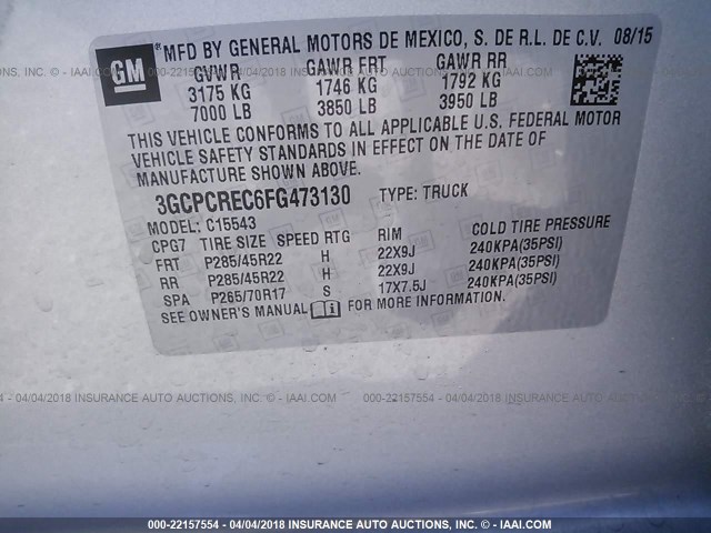 3GCPCREC6FG473130 - 2015 CHEVROLET SILVERADO C1500 LT SILVER photo 9