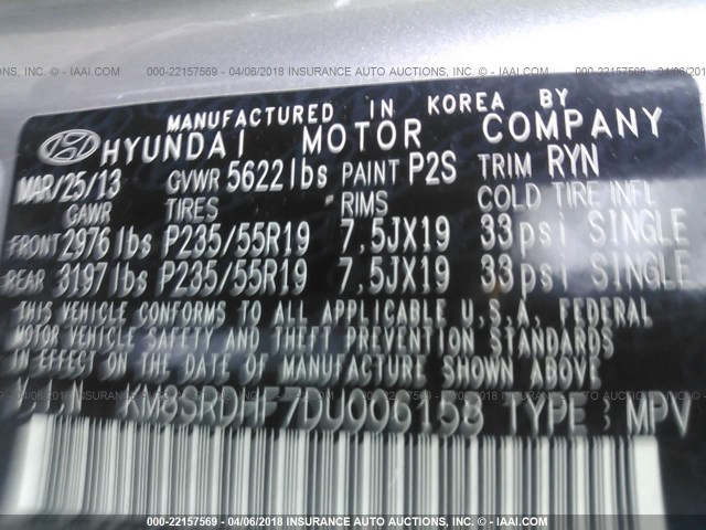 KM8SRDHF7DU006158 - 2013 HYUNDAI SANTA FE LIMITED GRAY photo 9