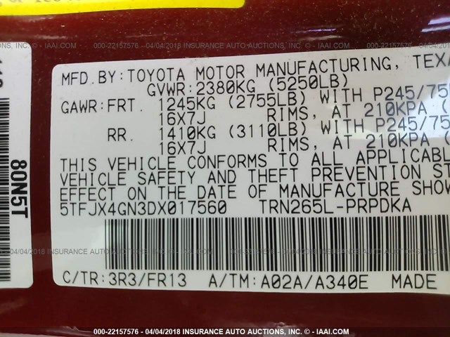 5TFJX4GN3DX017560 - 2013 TOYOTA TACOMA DOUBLE CAB RED photo 9