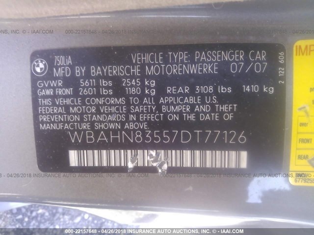 WBAHN83557DT77126 - 2007 BMW 750 GRAY photo 9