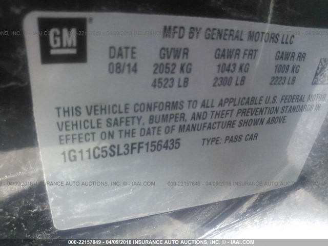 1G11C5SL3FF156435 - 2015 CHEVROLET MALIBU 1LT 黑色 照片 9