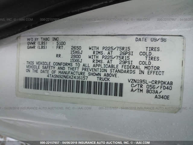 4TASN92N6XZ416157 - 1999 TOYOTA TACOMA XTRACAB PRERUNNER თეთრი ფოტო 9