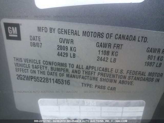 2G2WP552281145316 - 2008 PONTIAC GRAND PRIX ნაცრისფერი ფოტო 9