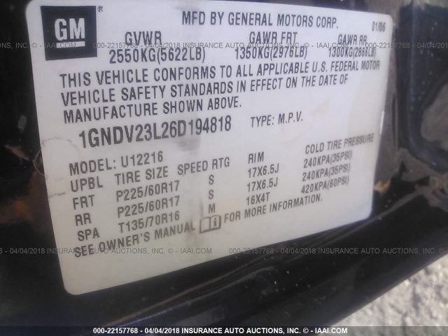 1GNDV23L26D194818 - 2006 CHEVROLET UPLANDER LS MAROON photo 9