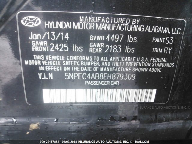 5NPEC4AB8EH879309 - 2014 HYUNDAI SONATA SE/LIMITED BLACK photo 9