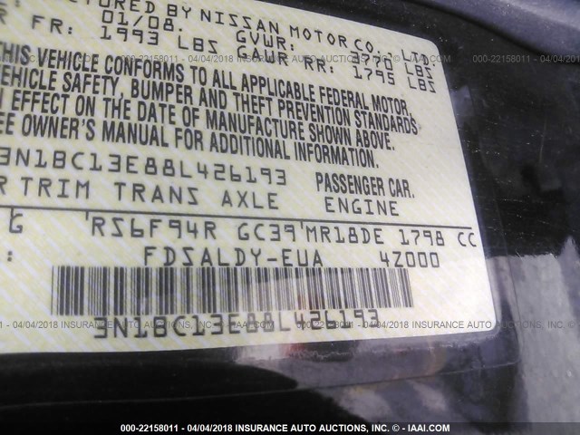 3N1BC13E88L426193 - 2008 NISSAN VERSA S/SL BLACK photo 9