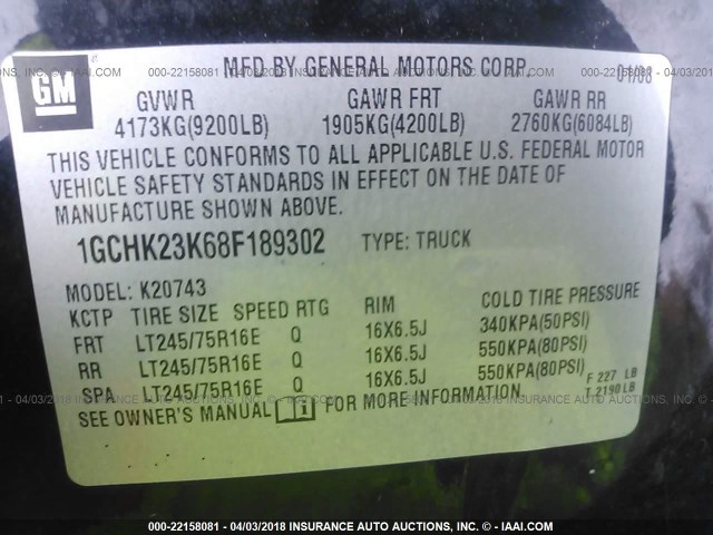 1GCHK23K68F189302 - 2008 CHEVROLET SILVERADO K2500 HEAVY DUTY BLACK photo 9