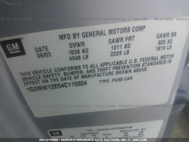 1G2NW12E54C115804 - 2004 PONTIAC GRAND AM GT SILVER photo 9