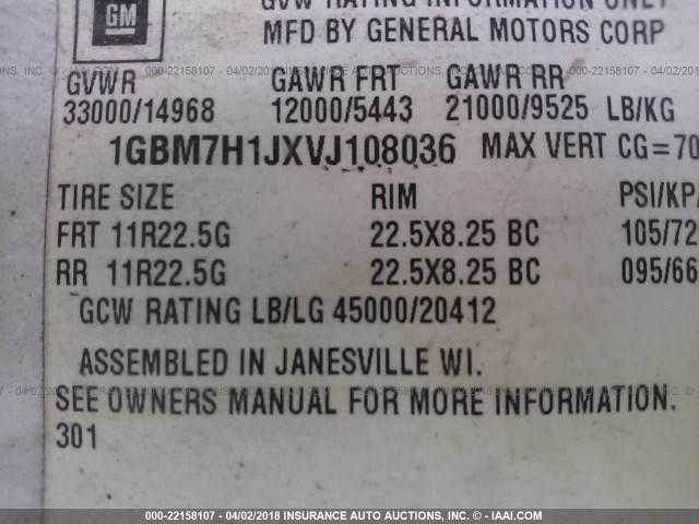 1GBM7H1JXVJ108036 - 1997 CHEVROLET C-SERIES C7H042 Белый фото 10