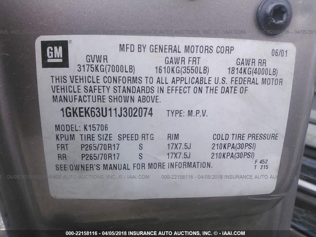 1GKEK63U11J302074 - 2001 GMC DENALI Pewter photo 9