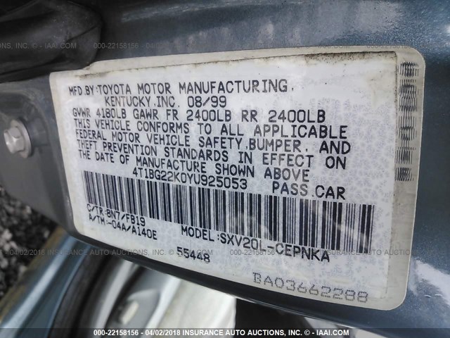 4T1BG22K0YU925053 - 2000 TOYOTA CAMRY CE/LE/XLE 蓝色 照片 9