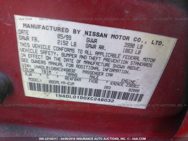 1N4DL01D0XC248032 - 1999 NISSAN ALTIMA XE/GXE/SE/GLE RED photo 9