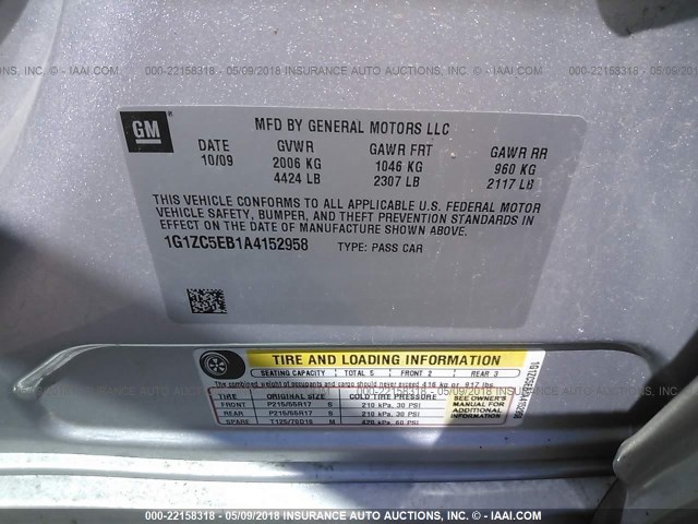 1G1ZC5EB1A4152958 - 2010 CHEVROLET MALIBU 1LT 银色 照片 9