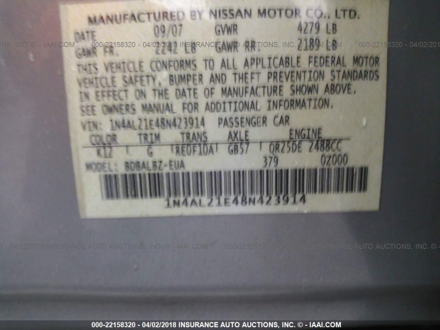 1N4AL21E48N423914 - 2008 NISSAN ALTIMA 2.5/2.5S SILVER photo 9