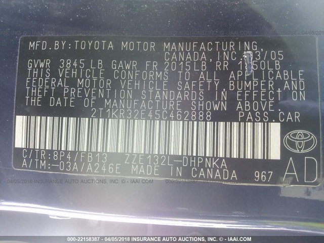 2T1KR32E45C462888 - 2005 TOYOTA COROLLA MATRIX XR BLUE photo 9