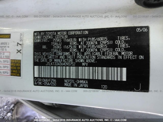 JTLKT334364090752 - 2006 TOYOTA SCION XB WHITE photo 9