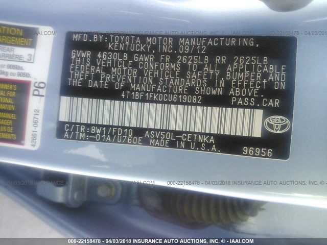 4T1BF1FK0CU619082 - 2012 TOYOTA CAMRY SE/LE/XLE BLUE photo 9