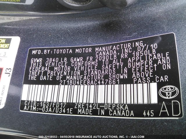 2T1BU4EE8AC447661 - 2010 TOYOTA COROLLA S/LE/XLE GRAY photo 9