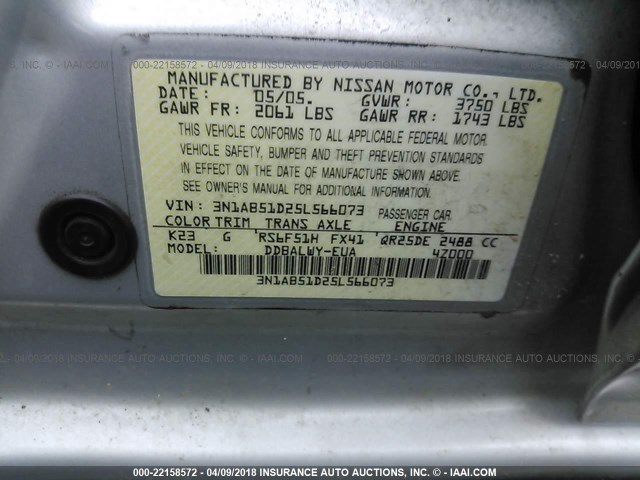 3N1AB51D25L566073 - 2005 NISSAN SENTRA SE-R SPEC V SILVER photo 9