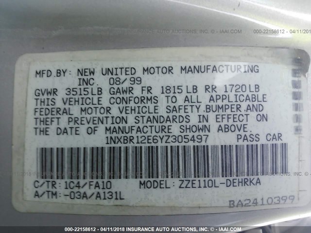 1NXBR12E6YZ305497 - 2000 TOYOTA COROLLA VE/CE/LE 银色 照片 9