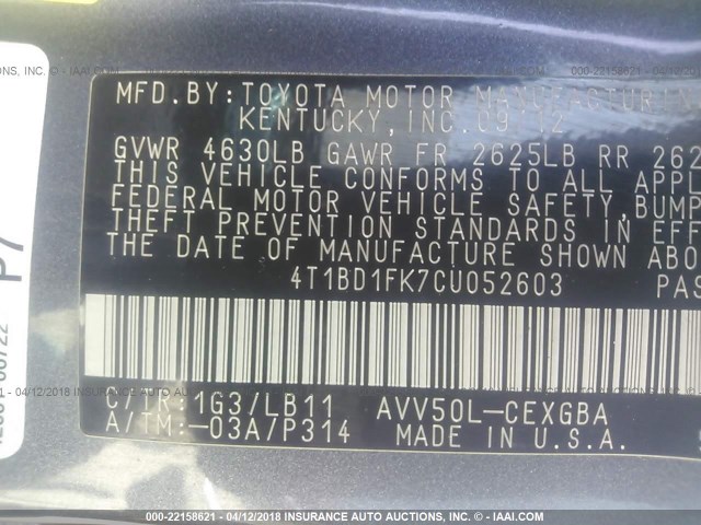 4T1BD1FK7CU052603 - 2012 TOYOTA CAMRY HYBRID/LE/XLE 灰色 照片 9