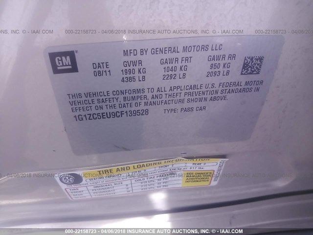 1G1ZC5EU9CF139528 - 2012 CHEVROLET MALIBU 1LT 金色 照片 9