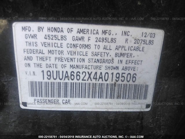 19UUA662X4A019506 - 2004 ACURA TL BLACK photo 9