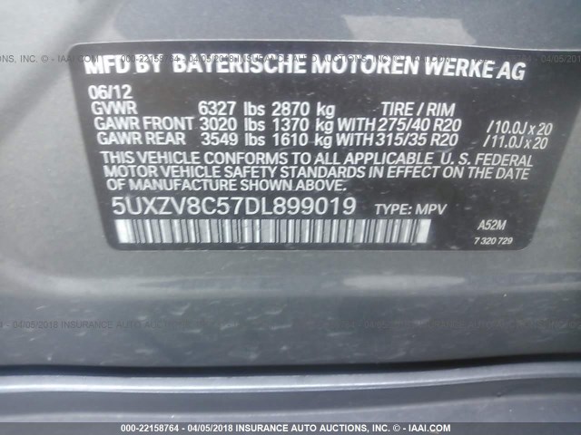 5UXZV8C57DL899019 - 2013 BMW X5 XDRIVE50I GRAY photo 9