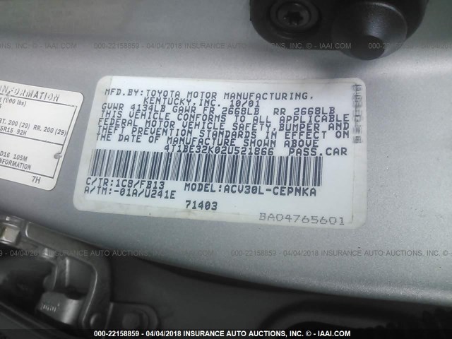 4T1BE32K02U521866 - 2002 TOYOTA CAMRY LE/XLE/SE 银色 照片 9