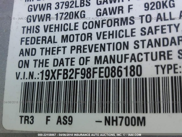 19XFB2F98FE086180 - 2015 HONDA CIVIC EXL SILVER photo 9