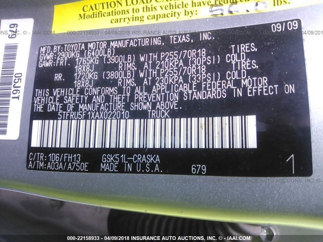 5TFRU5F1XAX022010 - 2010 TOYOTA TUNDRA DOUBLE CAB SR5 SILVER photo 9