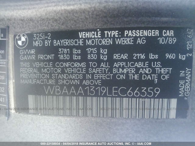 WBAAA1319LEC66359 - 1990 BMW 325 I/IS GRAY photo 9