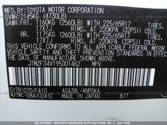 JTMZF34V195001462 - 2009 TOYOTA RAV4 LIMITED WHITE photo 9