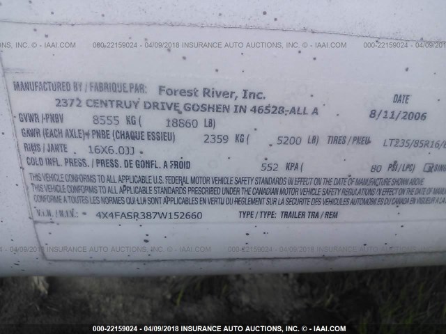 4X4FASR387W152660 - 2007 FOREST RIVER ALL AMERIC  白色 照片 9