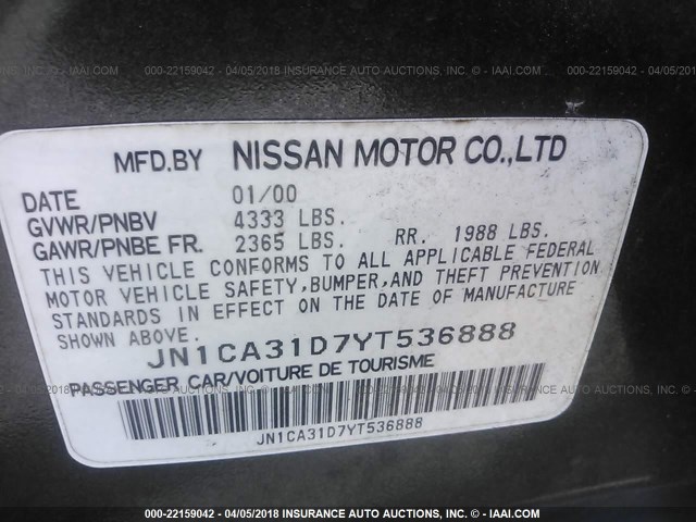 JN1CA31D7YT536888 - 2000 NISSAN MAXIMA GLE/GXE/SE GRAY photo 9