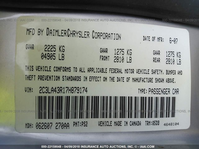 2C3LA43R17H879174 - 2007 CHRYSLER 300 SILVER photo 9